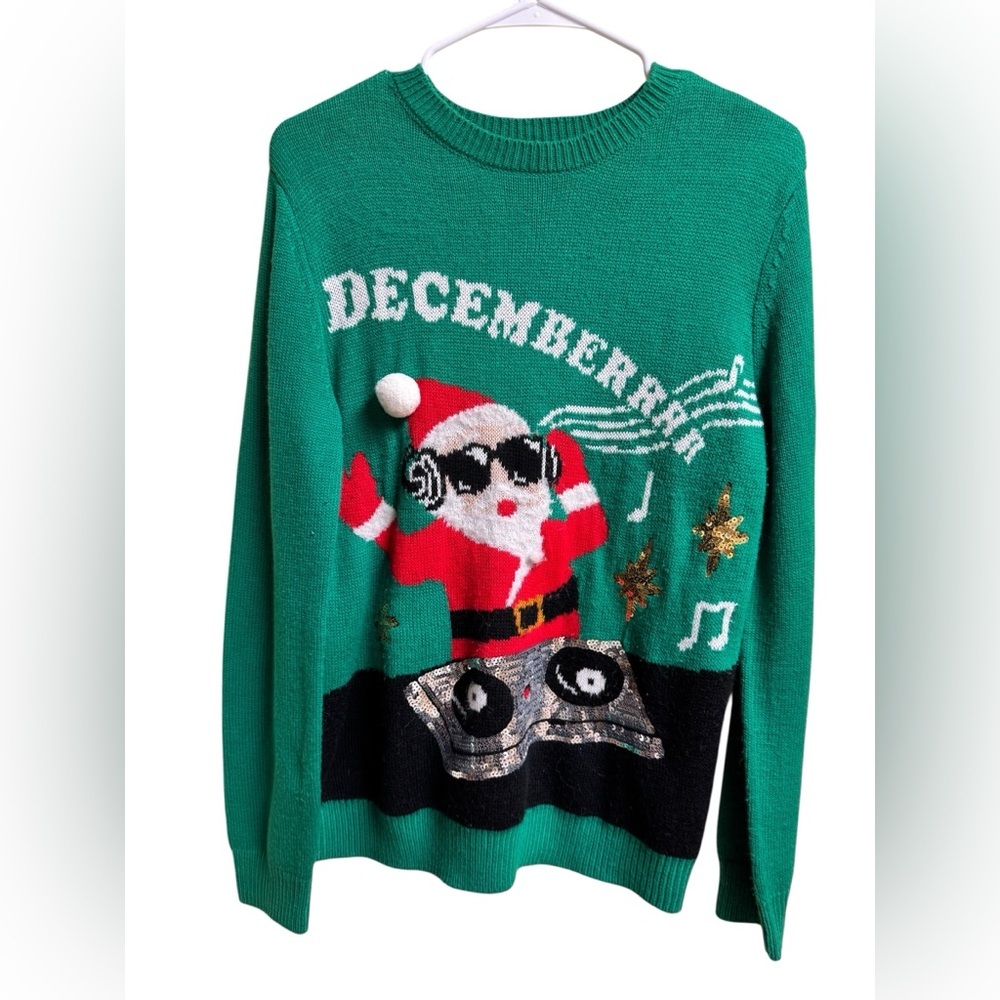 Forever 21 Christmas Sweater Green Santa DJ Decem-Brrr Sequins Size M